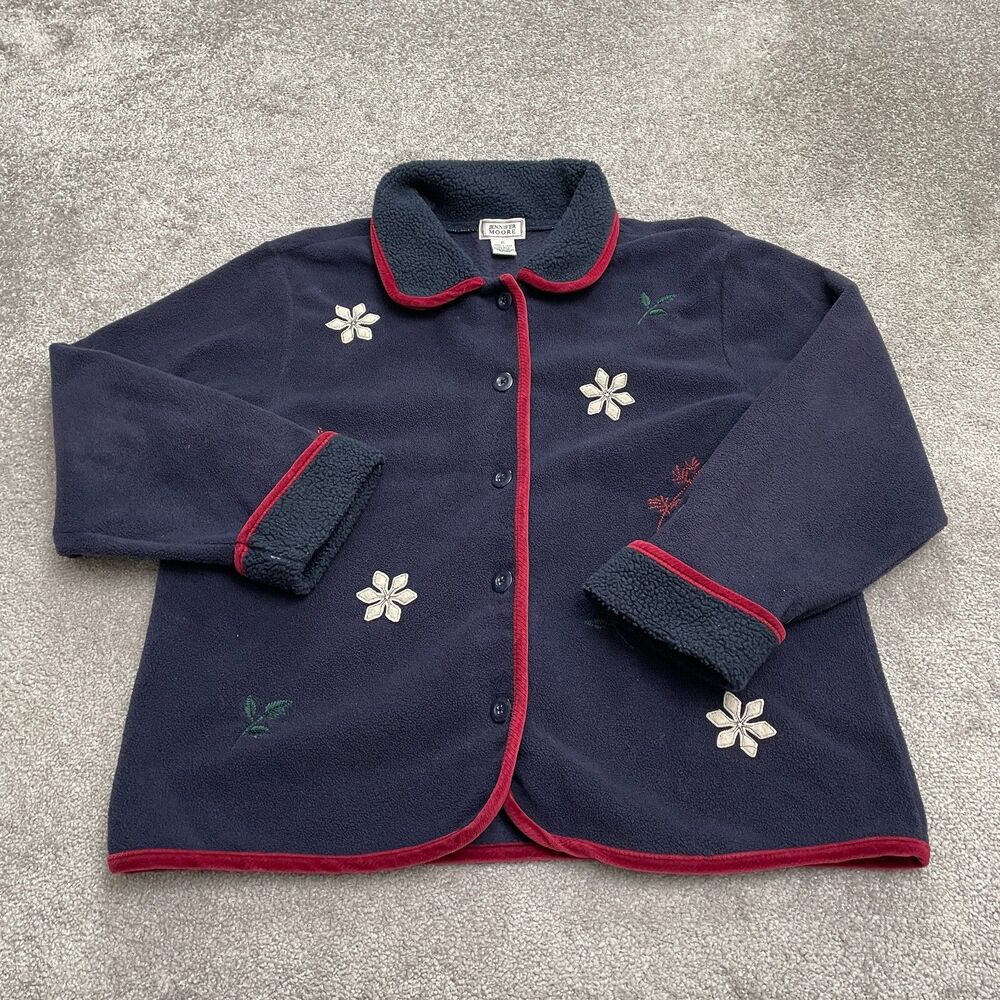 Jennifer Moore Vintage Embroidered Fleece Jacket Womens XL Blue Button Down